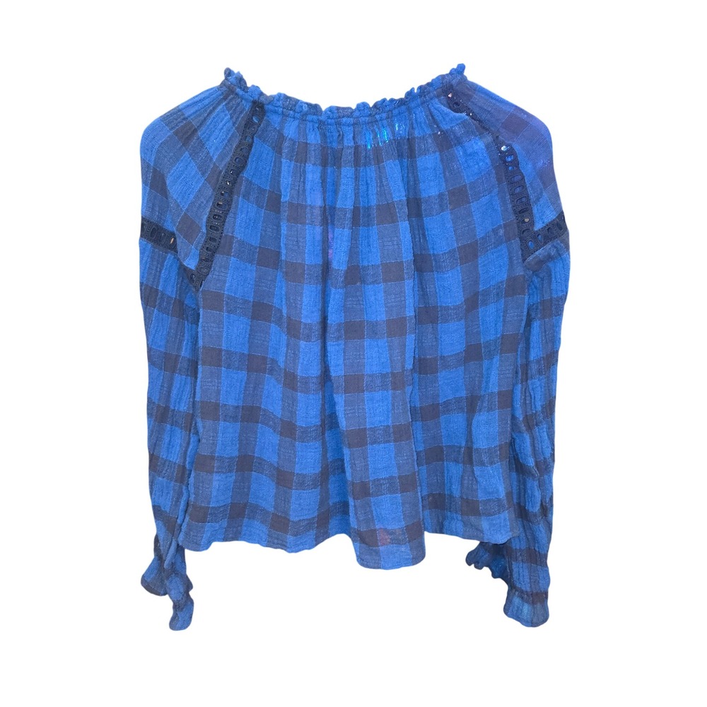 Free People Honey Grove Blouse Womens M Blue Plaid Tassel Boho Eyelet Top - Picture 6 of 10